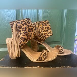 - New Leopard Print Fringe Stacked Heel Sandal